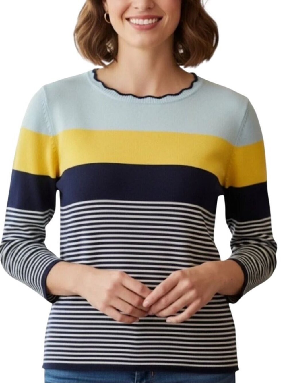 Lands' End Supima Cotton Striped Colorblock Nautical Coastal Sweater Size L